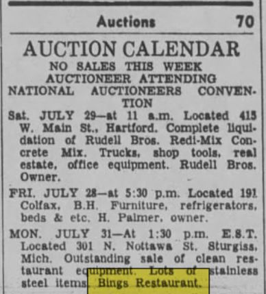Bings (Bings Lunch) - July 1967 All Equipment Being Liquidated (newer photo)
